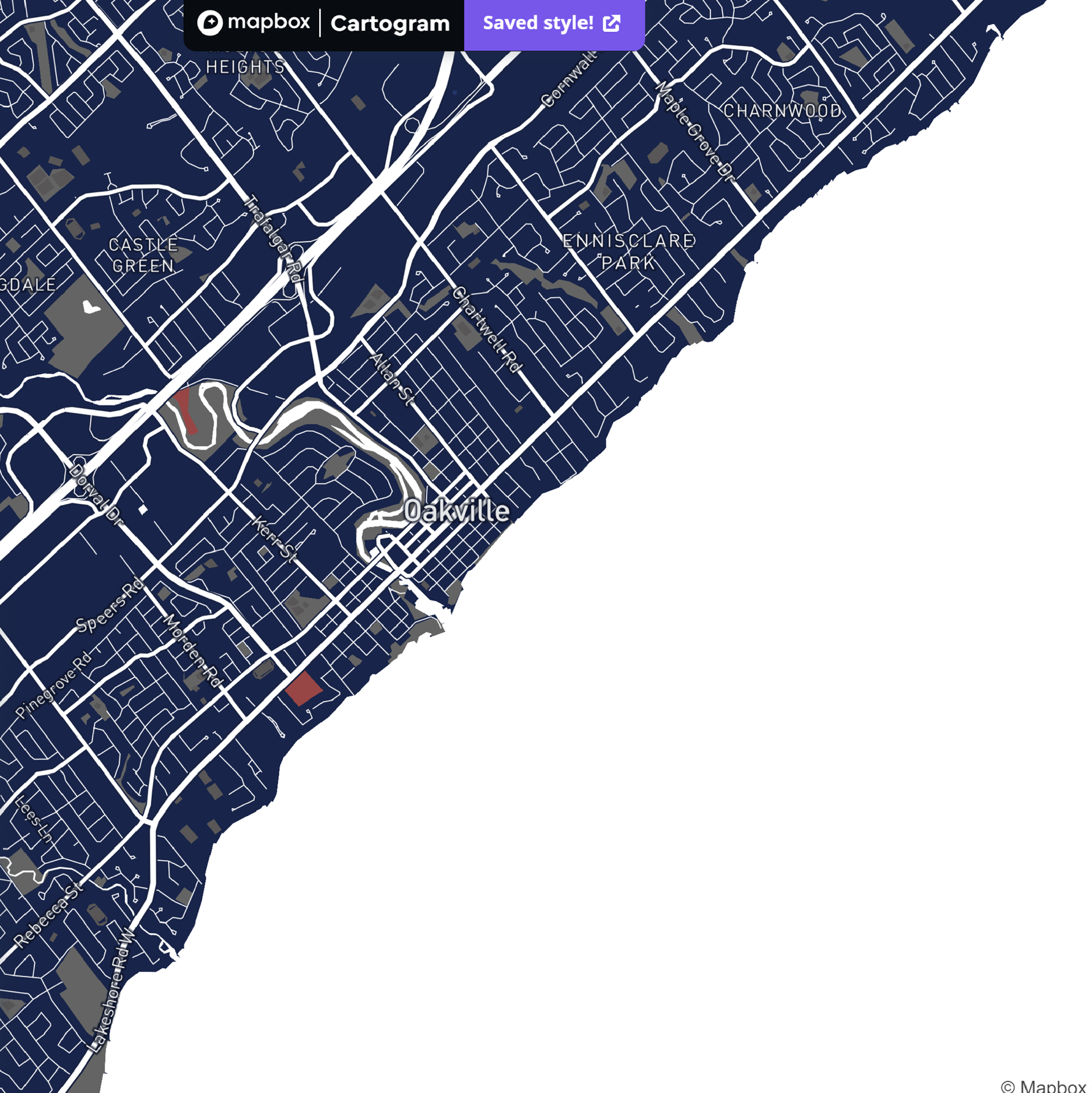The location I chose in this image is Oakville, to seperate the land and water more obviously, I changed the colorof water from gray to white