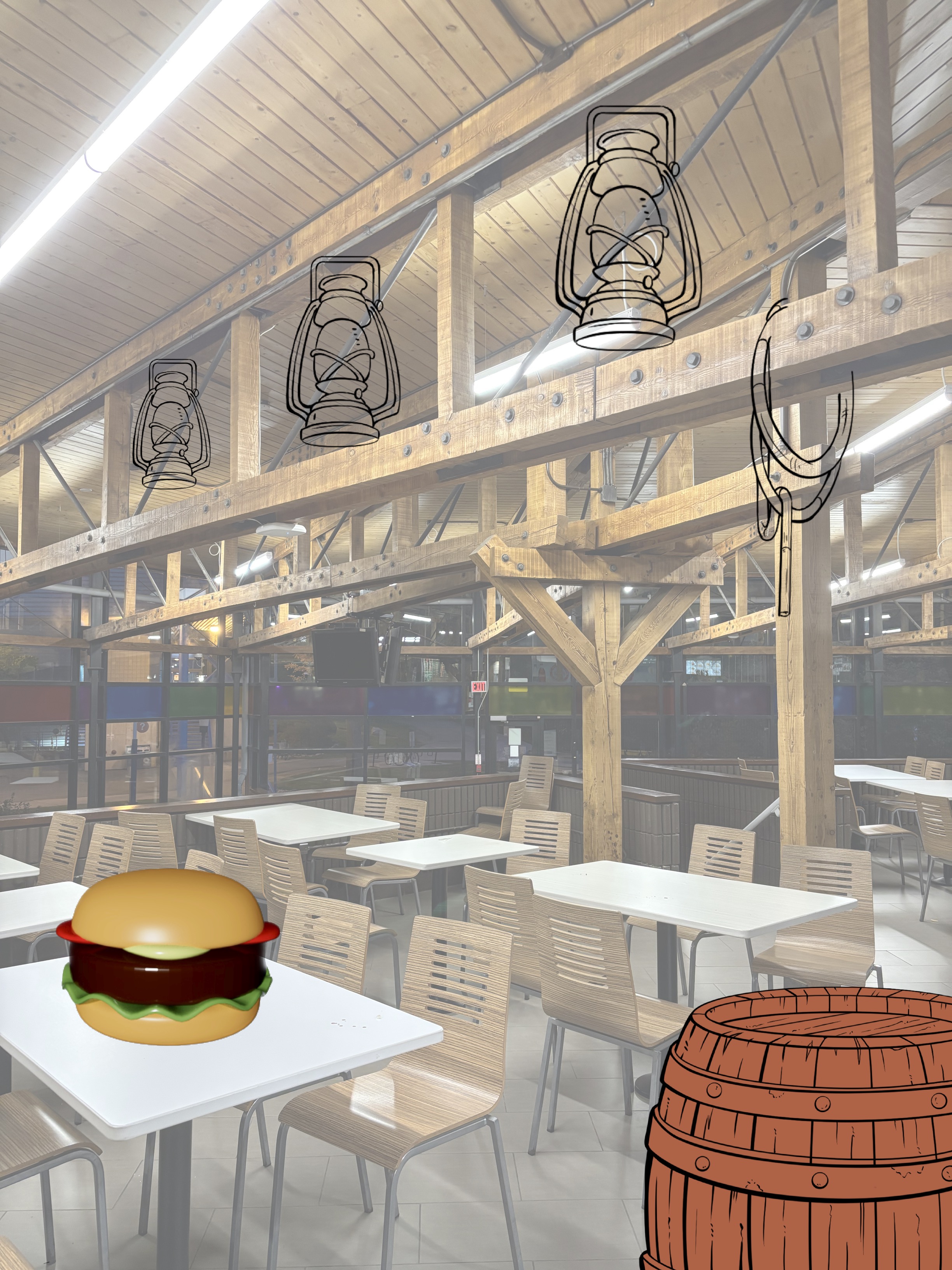 <li>The third idea is to turn the cafeteria into a western tavern. Since the cafeteria itself is a wooden structure and the rivets on the beams are very western cowboy style, we added kerosene lamps, thick ropes and large wooden wine barrels to the scene, hoping to make students feel as if they were in the world of the western cowboys and to increase the fun of dining!
 </li>
